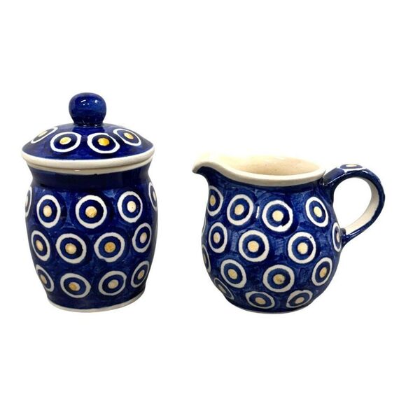 Vintage Gerlach PolkCeramic Polish Pottery Sugar & Creamer Set Blue White Circle - Picture 1 of 5